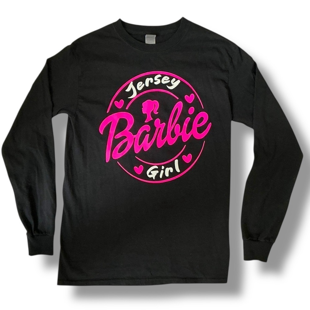 Barbie Jersey Girl Long Sleeve T Shirt Crew Neck Top Black Pink Graphic Small - Picture 3 of 16